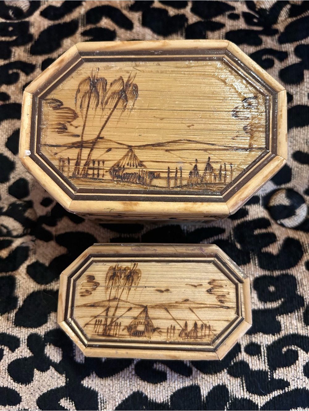 Hawaiian vintage bamboo rattan nesting trinket boxes set